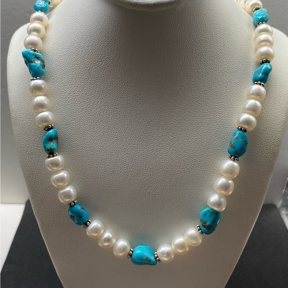 Vintage Sterling Silver Turquoise & Pearl Necklace - Picture 2 of 4